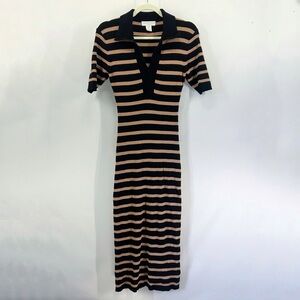 Caroline Constas Tan Black Striped Knit Midi Collared V-Neck Midi Dress Medium